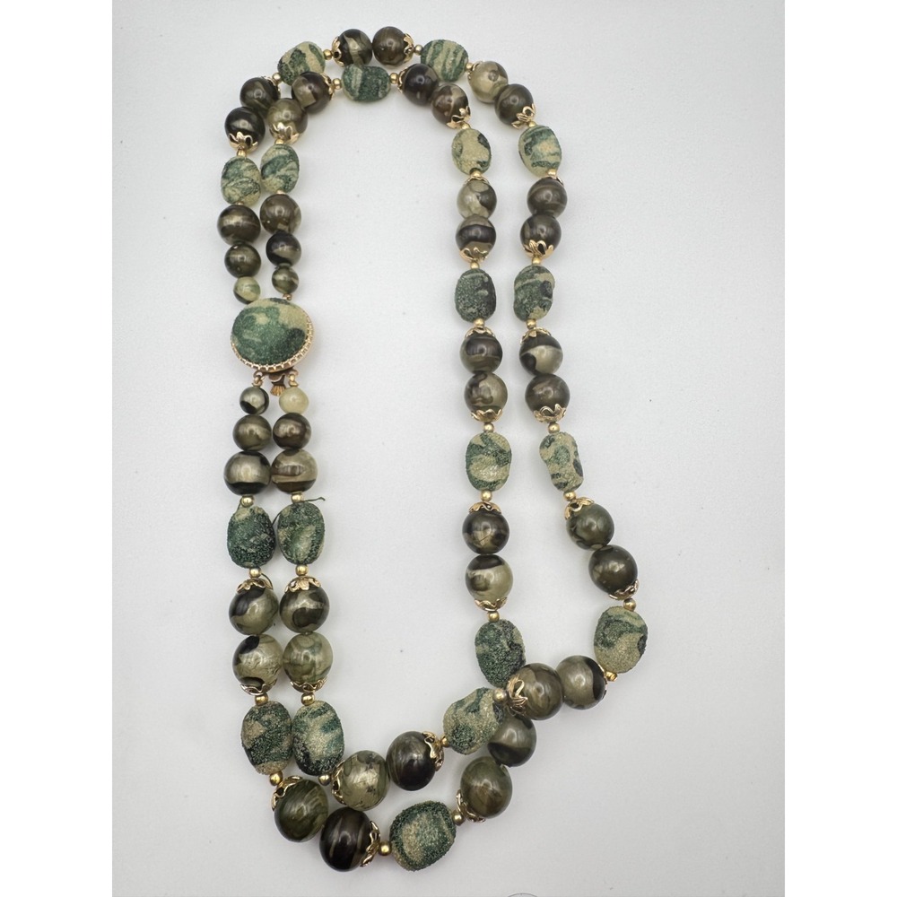 Vintage Sugared Bead Necklace Multi Strand 1950s Green Swirl READ